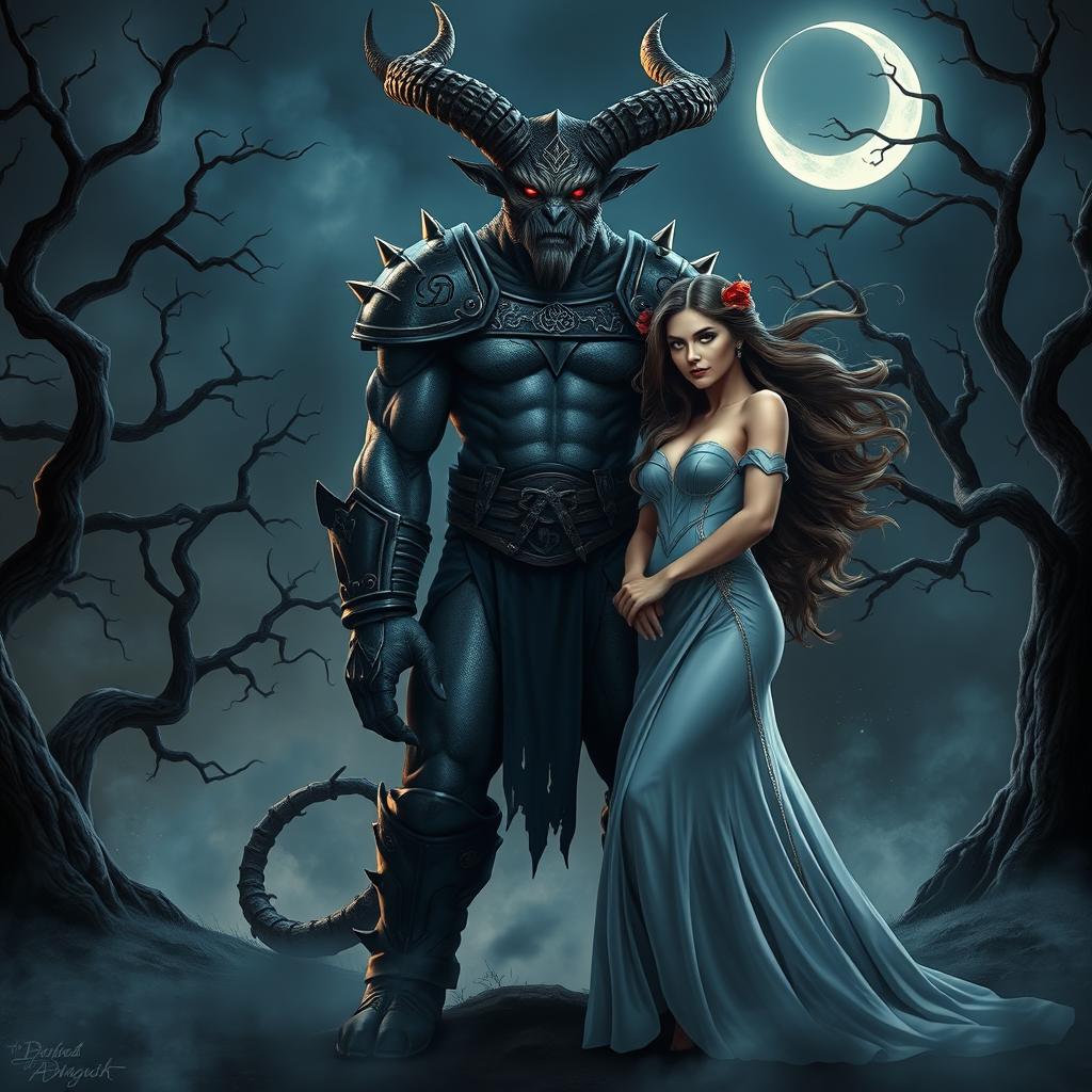 A striking scene featuring a horned monstrous figure, embodying the 'King of the Night Shadows,' standing tall and confident