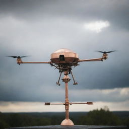 A menacing weathervane-style drone crafted from rich, polished copper, standing in an ominous stance, ready for action.