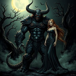 A striking scene featuring a horned monstrous figure, embodying the 'King of the Night Shadows,' standing tall and confident