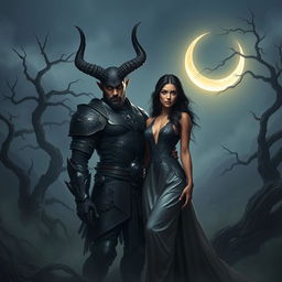 A captivating scene featuring a horned figure, embodying the 'King of the Night Shadows,' standing confidently by a beautiful woman