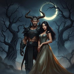 A captivating scene featuring a horned figure, embodying the 'King of the Night Shadows,' standing confidently by a beautiful woman