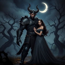 A captivating scene featuring a horned figure, embodying the 'King of the Night Shadows,' standing confidently by a beautiful woman