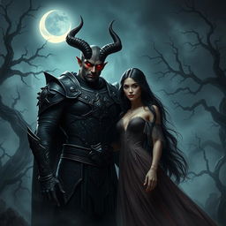 A captivating scene featuring a horned figure, embodying the 'King of the Night Shadows,' standing confidently by a beautiful woman