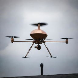 A menacing weathervane-style drone crafted from rich, polished copper, standing in an ominous stance, ready for action.