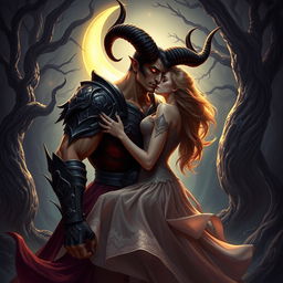 A captivating scene depicting a horned figure, embodying the 'King of the Night Shadows,' leaning in to kiss a beautiful woman