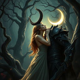 A captivating scene depicting a horned figure, embodying the 'King of the Night Shadows,' leaning in to kiss a beautiful woman