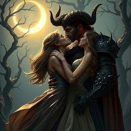 A captivating scene depicting a horned figure, embodying the 'King of the Night Shadows,' leaning in to kiss a beautiful woman