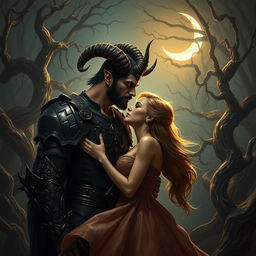 A captivating scene depicting a horned figure, embodying the 'King of the Night Shadows,' leaning in to kiss a beautiful woman