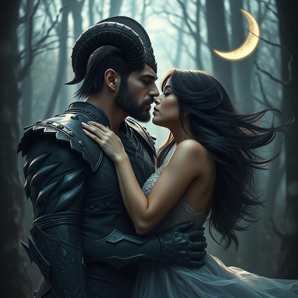 A mesmerizing scene capturing a horned figure, styled as the 'King of the Night Shadows,' leaning in to kiss a beautiful brunette woman