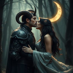 A mesmerizing scene capturing a horned figure, styled as the 'King of the Night Shadows,' leaning in to kiss a beautiful brunette woman