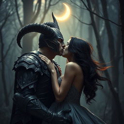 A mesmerizing scene capturing a horned figure, styled as the 'King of the Night Shadows,' leaning in to kiss a beautiful brunette woman