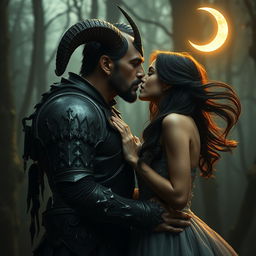 A mesmerizing scene capturing a horned figure, styled as the 'King of the Night Shadows,' leaning in to kiss a beautiful brunette woman