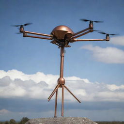 A menacing weathervane-style drone crafted from rich, polished copper, standing in an ominous stance, ready for action.