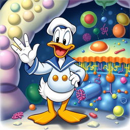 Donald Duck cheerfully waving at a detailed representation of a cell membrane structure