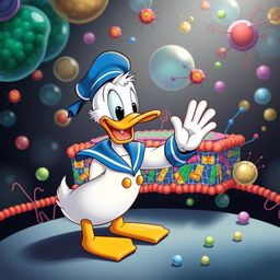 Donald Duck cheerfully waving at a detailed representation of a cell membrane structure