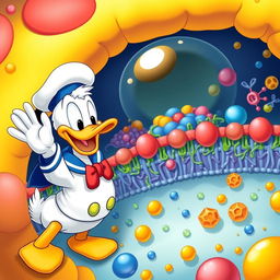 Donald Duck cheerfully waving at a detailed representation of a cell membrane structure