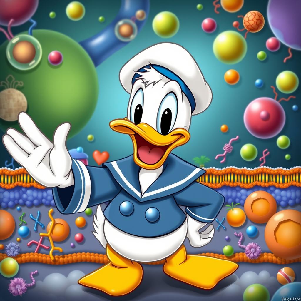 Donald Duck cheerfully waving at a detailed representation of a cell membrane structure