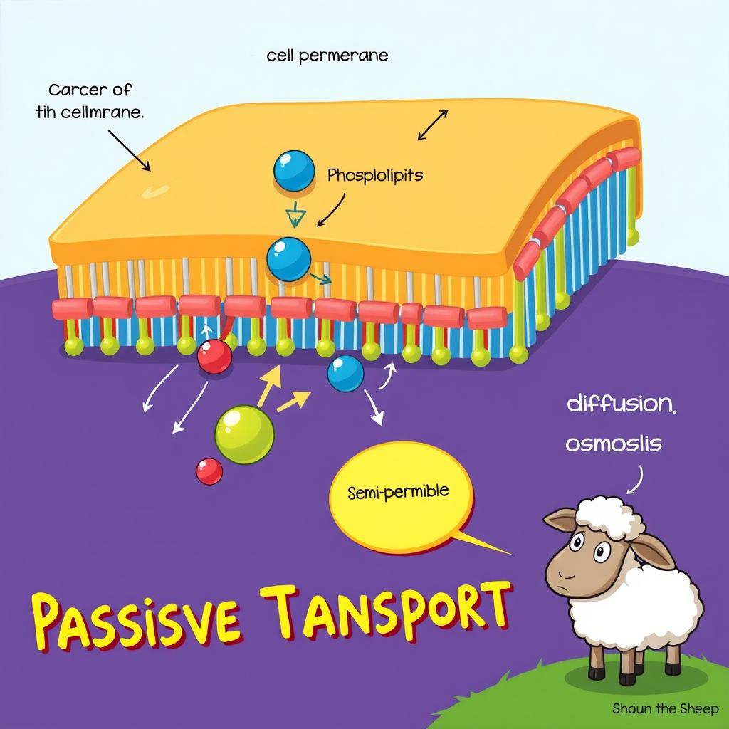 A detailed educational illustration depicting a cell membrane and the process of passive transport