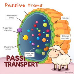 A detailed educational illustration depicting a cell membrane and the process of passive transport