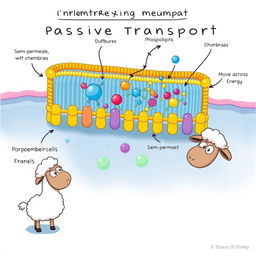 A detailed educational illustration depicting a cell membrane and the process of passive transport