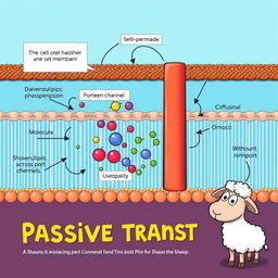 A detailed educational illustration depicting a cell membrane and the process of passive transport