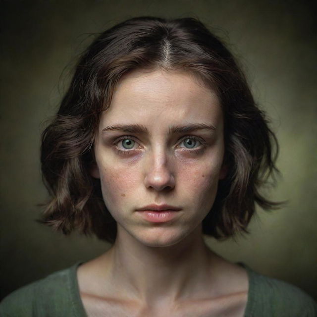 A 16k high-res photo-realistic depiction of a beautiful, sad 23-year-old woman. She has pale hazel-green irises, thick messy dark hair, and symmetrical facial features. She is placed against a war-torn background, captured in a low light, front head view, echoing the style of James Nachtwey.