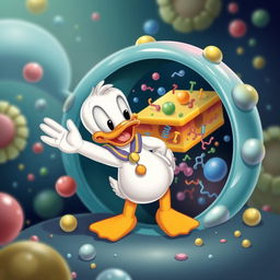 A charming and small Donald Duck waving sweetly at a detailed representation of a cell membrane structure