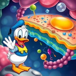 A charming and small Donald Duck waving sweetly at a detailed representation of a cell membrane structure