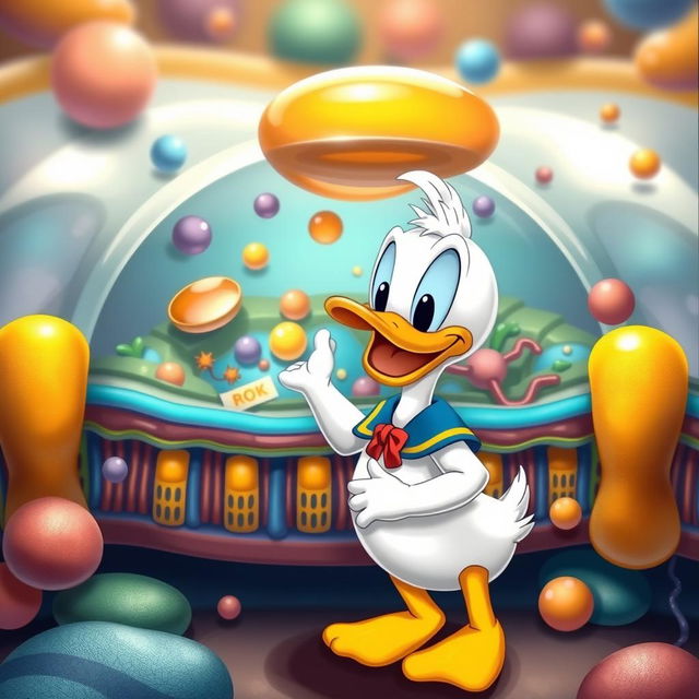 A charming and small Donald Duck waving sweetly at a detailed representation of a cell membrane structure