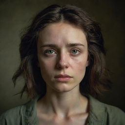 A 16k high-res photo-realistic depiction of a beautiful, sad 23-year-old woman. She has pale hazel-green irises, thick messy dark hair, and symmetrical facial features. She is placed against a war-torn background, captured in a low light, front head view, echoing the style of James Nachtwey.