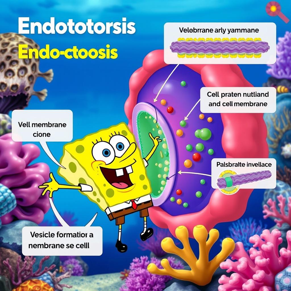 SpongeBob SquarePants animated character in a vibrant underwater scene illustrating the process of endocytosis in a cell membrane