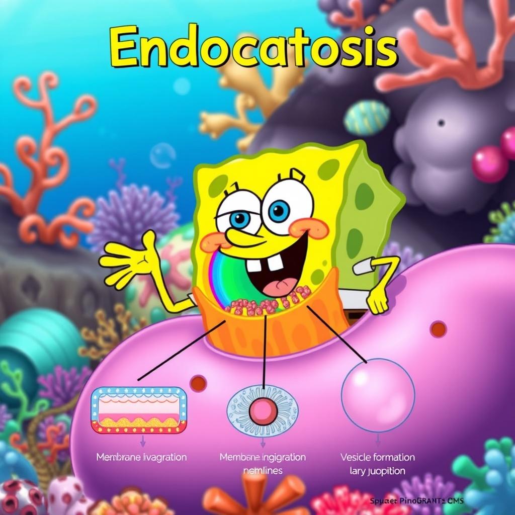 SpongeBob SquarePants animated character in a vibrant underwater scene illustrating the process of endocytosis in a cell membrane