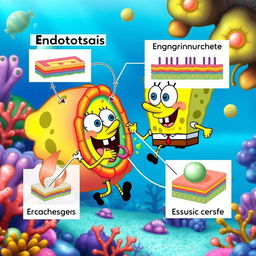 SpongeBob SquarePants animated character in a vibrant underwater scene illustrating the process of endocytosis in a cell membrane