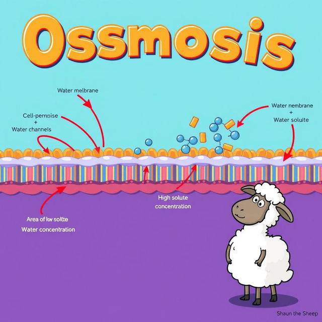 A vibrant educational illustration depicting a cell membrane and the process of osmosis