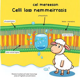 A vibrant educational illustration depicting a cell membrane and the process of osmosis