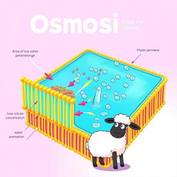 A vibrant educational illustration depicting a cell membrane and the process of osmosis