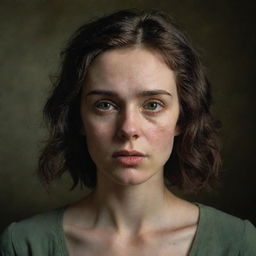 A 16k high-res photo-realistic depiction of a beautiful, sad 23-year-old woman. She has pale hazel-green irises, thick messy dark hair, and symmetrical facial features. She is placed against a war-torn background, captured in a low light, front head view, echoing the style of James Nachtwey.