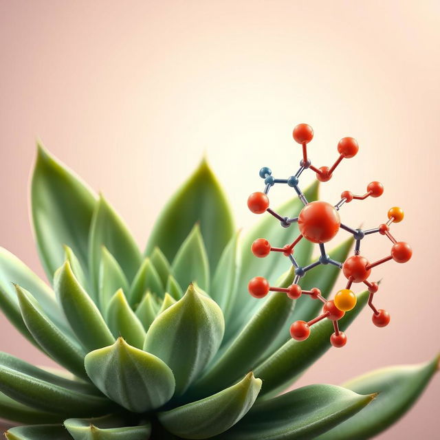 A beautifully detailed close-up illustration of a Guatéala, an exotic succulent plant, positioned next to a vibrant phospholipid molecule