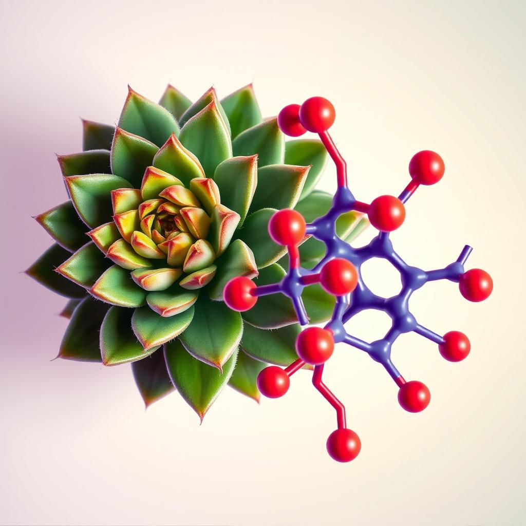 A beautifully detailed close-up illustration of a Guatéala, an exotic succulent plant, positioned next to a vibrant phospholipid molecule