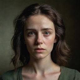 A 16k high-res photo-realistic depiction of a beautiful, sad 23-year-old woman. She has pale hazel-green irises, thick messy dark hair, and symmetrical facial features. She is placed against a war-torn background, captured in a low light, front head view, echoing the style of James Nachtwey.