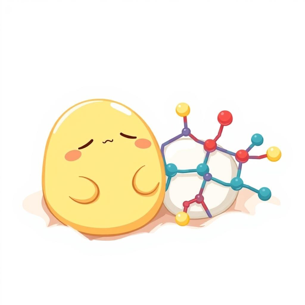 A playful and whimsical illustration of Gudetama, the lazy egg character, lounging next to a colorful phospholipid molecule