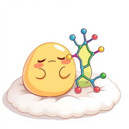 A playful and whimsical illustration of Gudetama, the lazy egg character, lounging next to a colorful phospholipid molecule