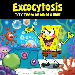 SpongeBob SquarePants actively engaging in the process of exocytosis at a cellular membrane, with vibrant colors and cartoon style, portraying cellular structures around him, bubbles forming and substances being released, depicting an educational yet fun scenario in a playful underwater setting