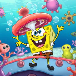 SpongeBob SquarePants actively engaging in the process of exocytosis at a cellular membrane, with vibrant colors and cartoon style, portraying cellular structures around him, bubbles forming and substances being released, depicting an educational yet fun scenario in a playful underwater setting