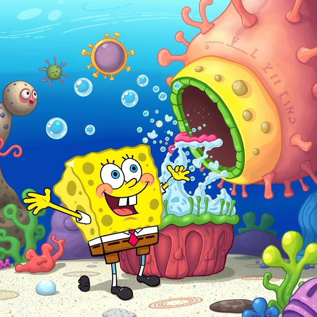 SpongeBob SquarePants actively engaging in the process of exocytosis at a cellular membrane, with vibrant colors and cartoon style, portraying cellular structures around him, bubbles forming and substances being released, depicting an educational yet fun scenario in a playful underwater setting