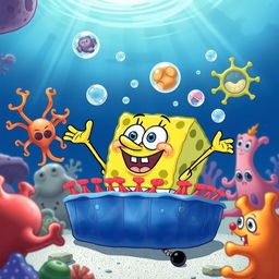 SpongeBob SquarePants actively engaging in the process of exocytosis at a cellular membrane, with vibrant colors and cartoon style, portraying cellular structures around him, bubbles forming and substances being released, depicting an educational yet fun scenario in a playful underwater setting