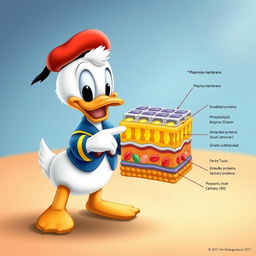 A delightful scene featuring a small and adorable Donald Duck, exhibiting his charming personality, as he proudly showcases the structure of a plasma membrane