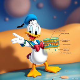 A delightful scene featuring a small and adorable Donald Duck, exhibiting his charming personality, as he proudly showcases the structure of a plasma membrane