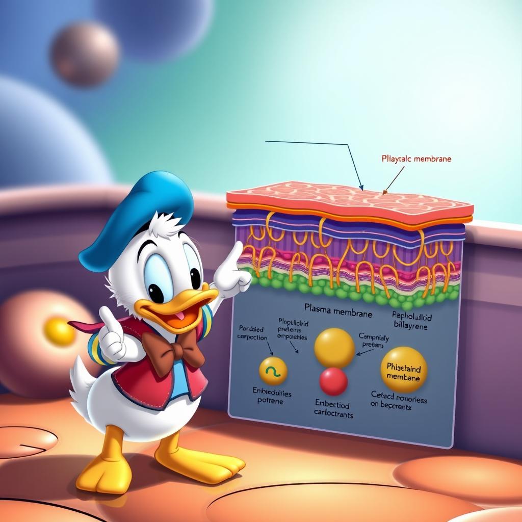 A delightful scene featuring a small and adorable Donald Duck, exhibiting his charming personality, as he proudly showcases the structure of a plasma membrane