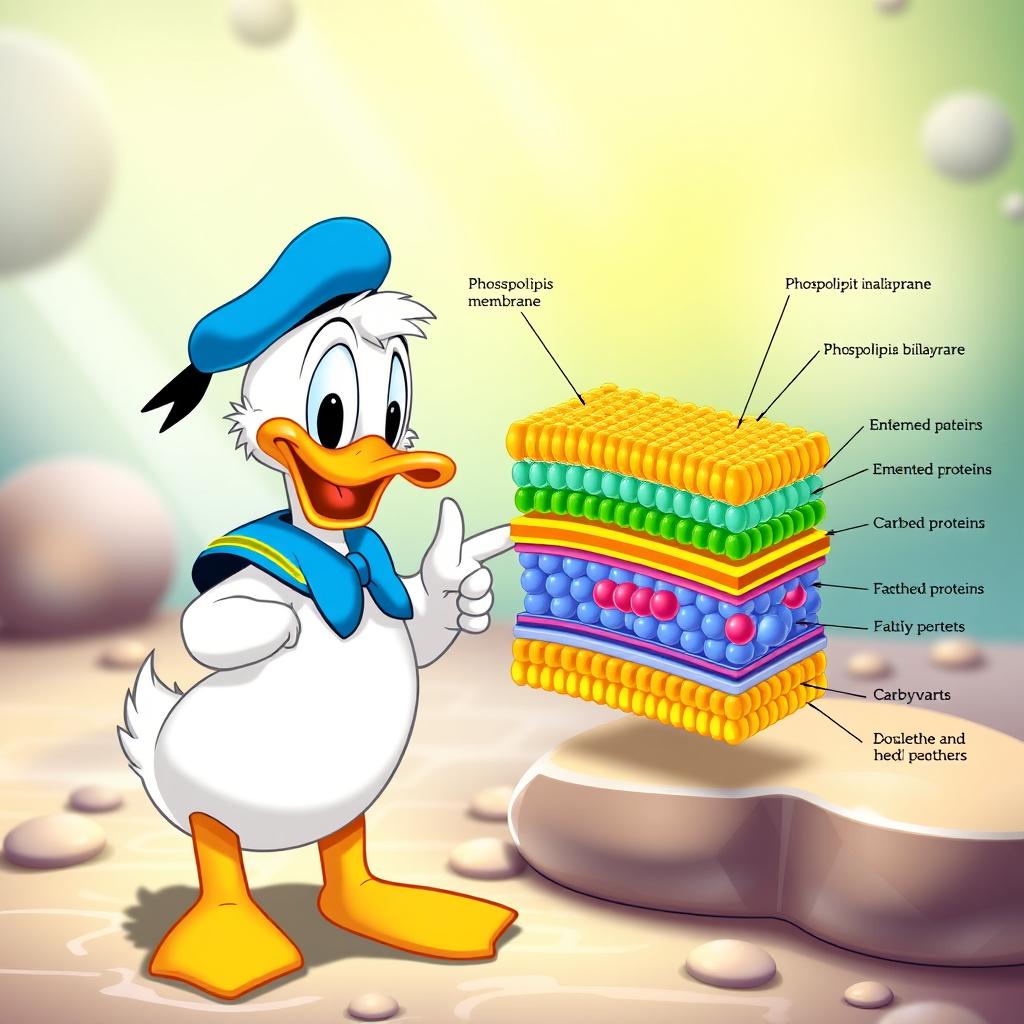 A delightful scene featuring a small and adorable Donald Duck, exhibiting his charming personality, as he proudly showcases the structure of a plasma membrane